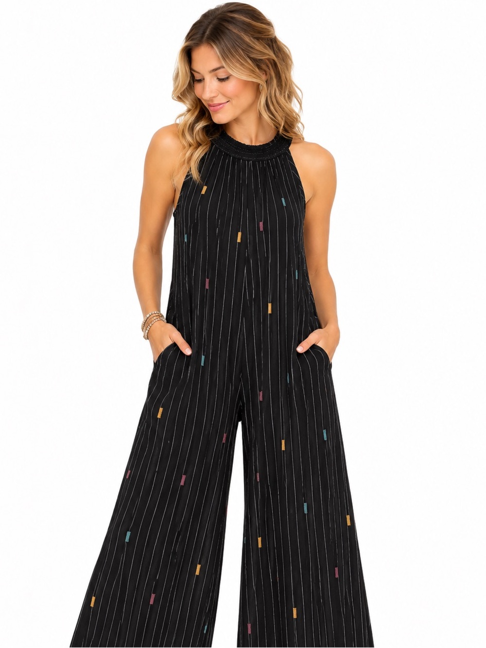 World Market Black Pinstripe Embroidered Wide Leg Jumpsuit S/M Boho